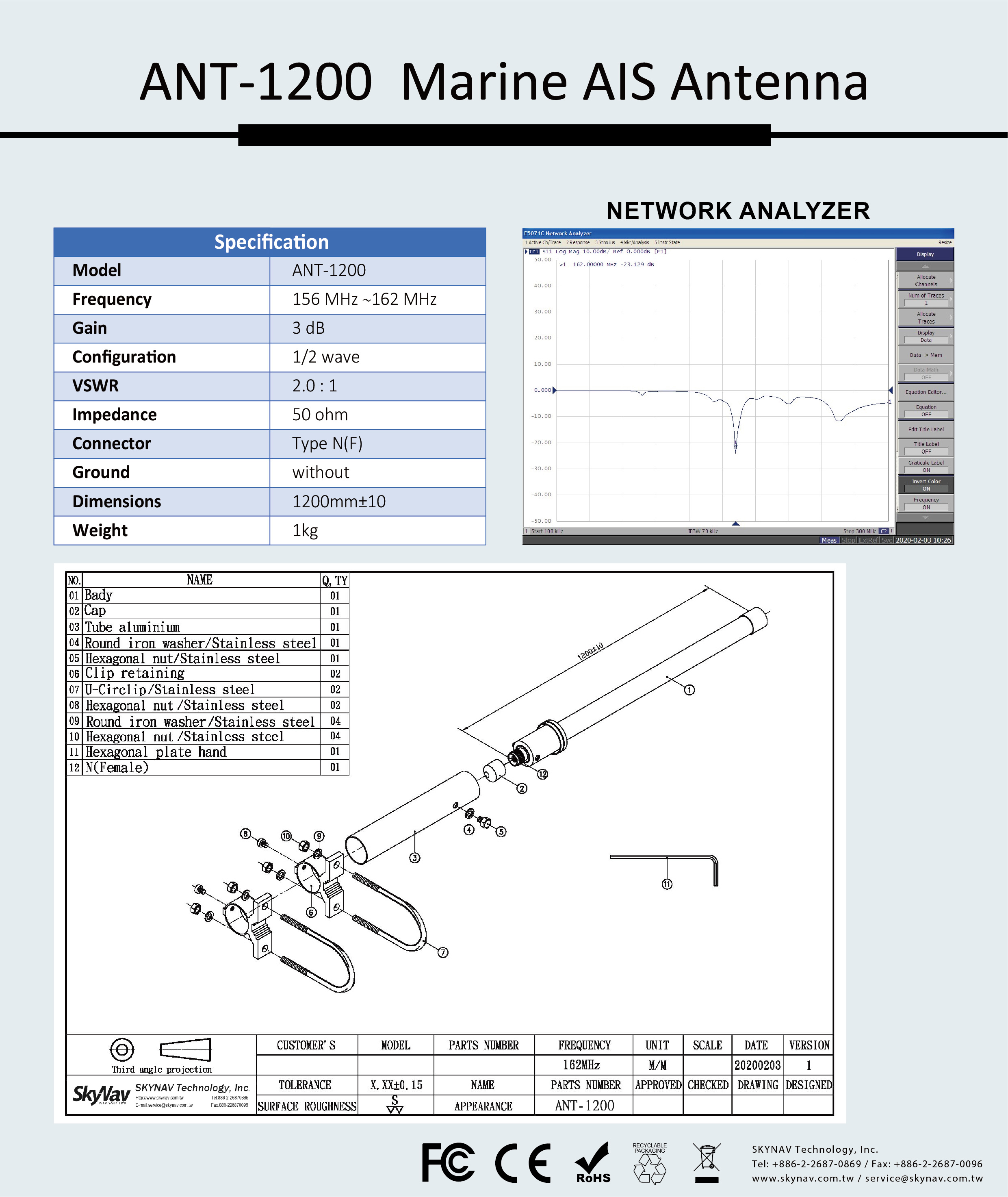 Marine AIS Antenna / ANT1200 SKYNAV Technology Inc. AIS/GPS/GSM