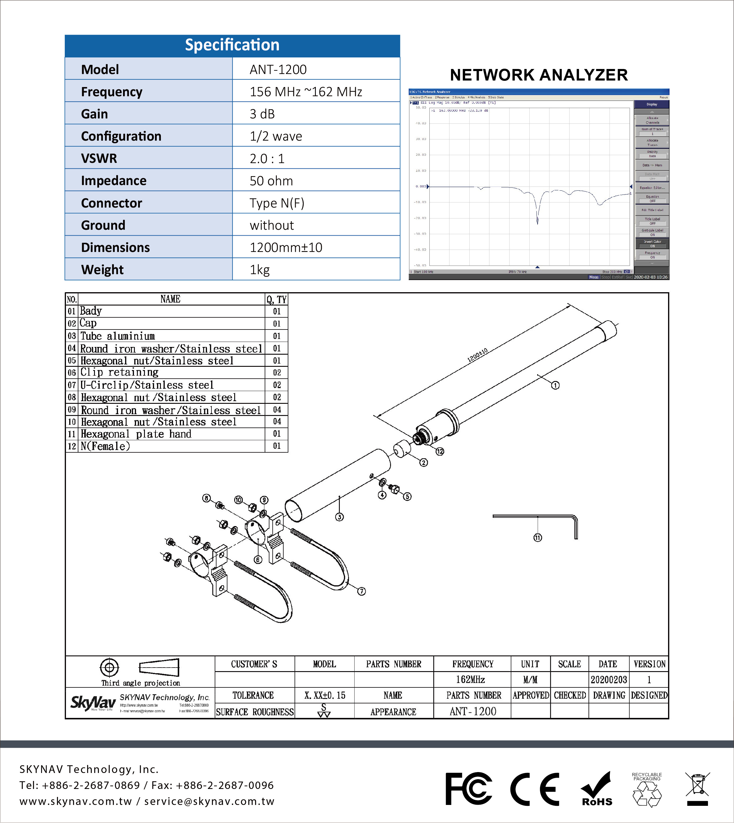 Marine AIS Antenna / ANT1200 SKYNAV Technology Inc. AIS/GPS/GSM