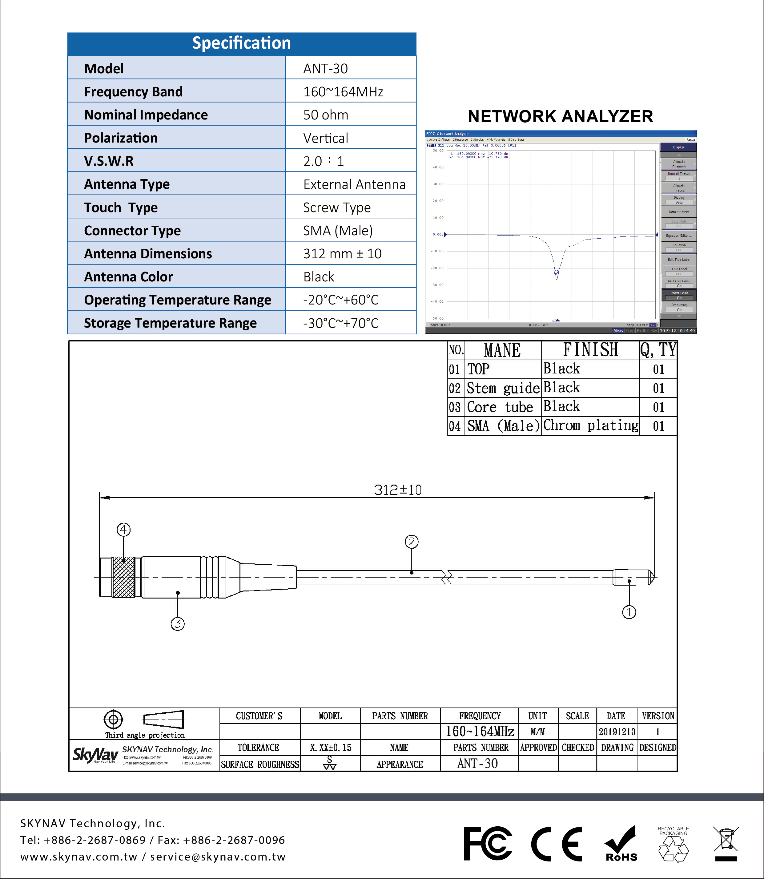 Marine AIS Antenna / ANT30 SKYNAV Technology Inc. AIS/GPS/GSM