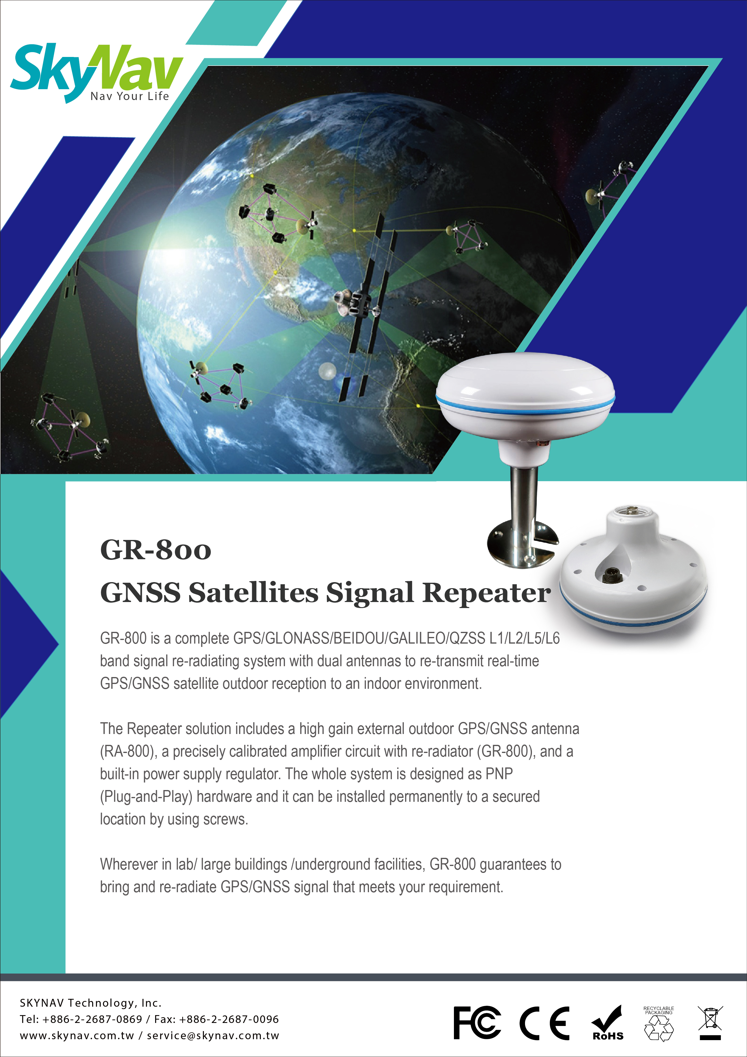 GNSS L1/L2/L5/L6 Signal Re-radiating for Indoor Satellites Signal Reception