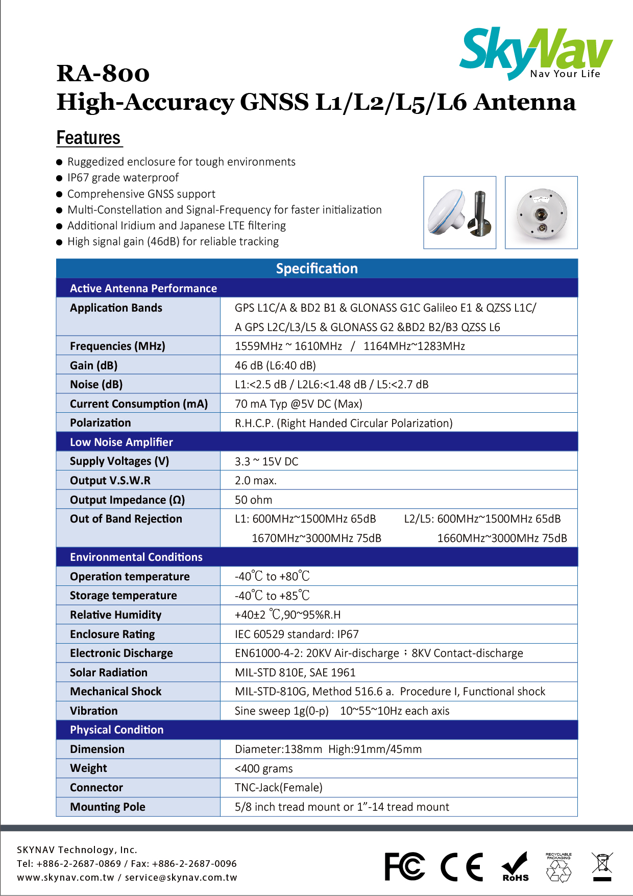 RA-800 High-Accuracy GNSS L1/L2/L5/L6 Antenna